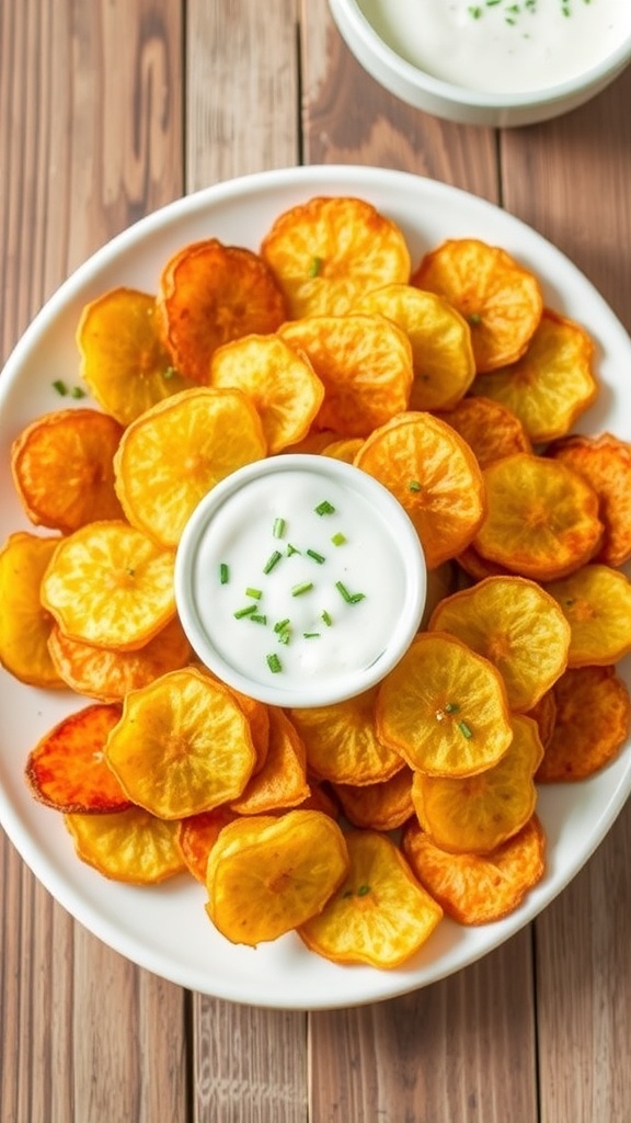 Crispy Air Fryer Pickle Chips Recipe Crispy air fryer pickle chips on a plate with ranch dressing for dipping.